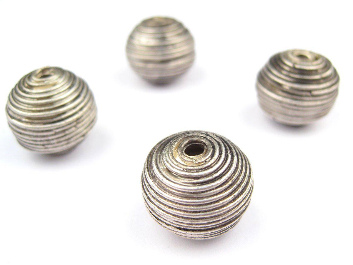 TheBeadChest Artisanal Berber Silver Spiral Beads 15x17mm Set of 4 Morocco African Round White Metal Large Hole Handmade