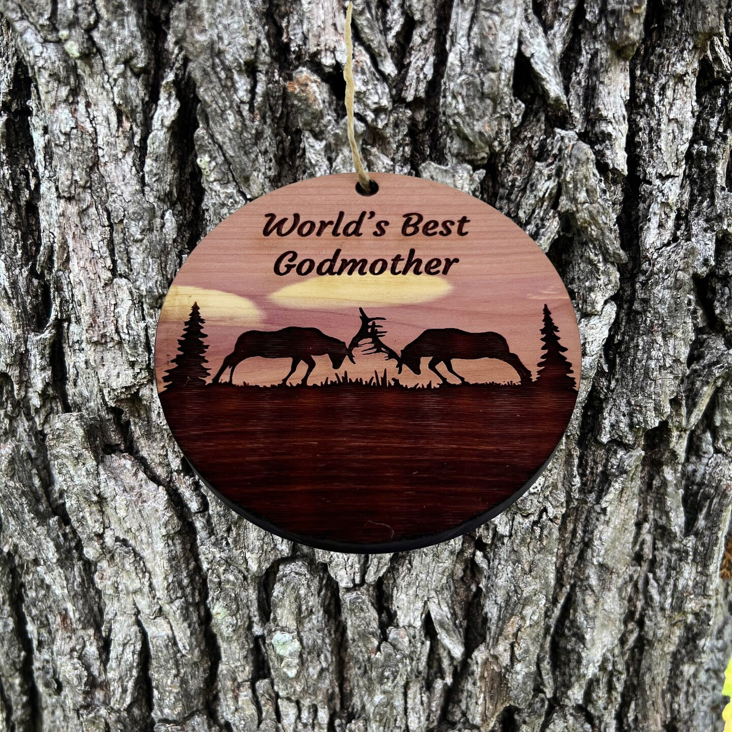 Worlds Best Godmother Elk Battle - Cedar Ornament Worlds Best Godmother Elk Battle - Cedar Ornament