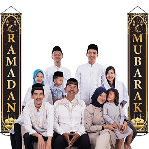Ramadan Mubarak Door Sign Hanging Banners Decoration Set for Ramadan Themed Party Indoor and Outdoor Party Supplies Decorations