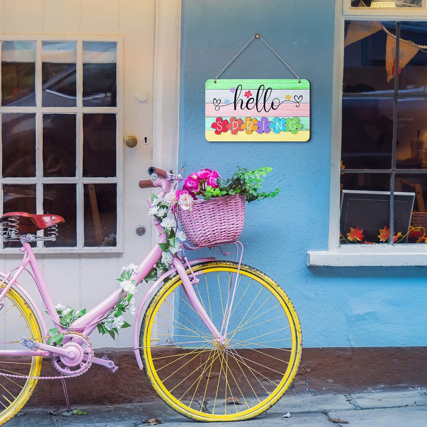 Spring Summer Sign Rustic Wood Decor Farmhouse Wall Hanging Plaque Filleted Corner Wooden Sign for Home Bathroom Indoor Outdoor, 10 x 5.9 Inch(Multi Colors,Spring Style)