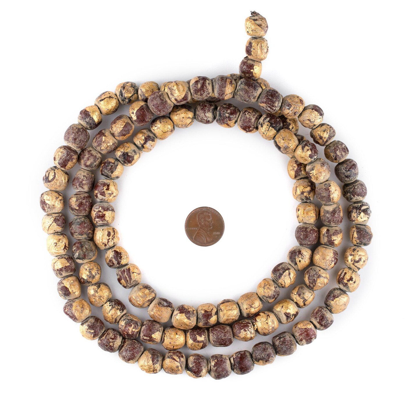 The Bead Chest Clay Buddha Prayer Beads with Gold Leaf 11mm Multicolor Round 40-45 Inch Strand