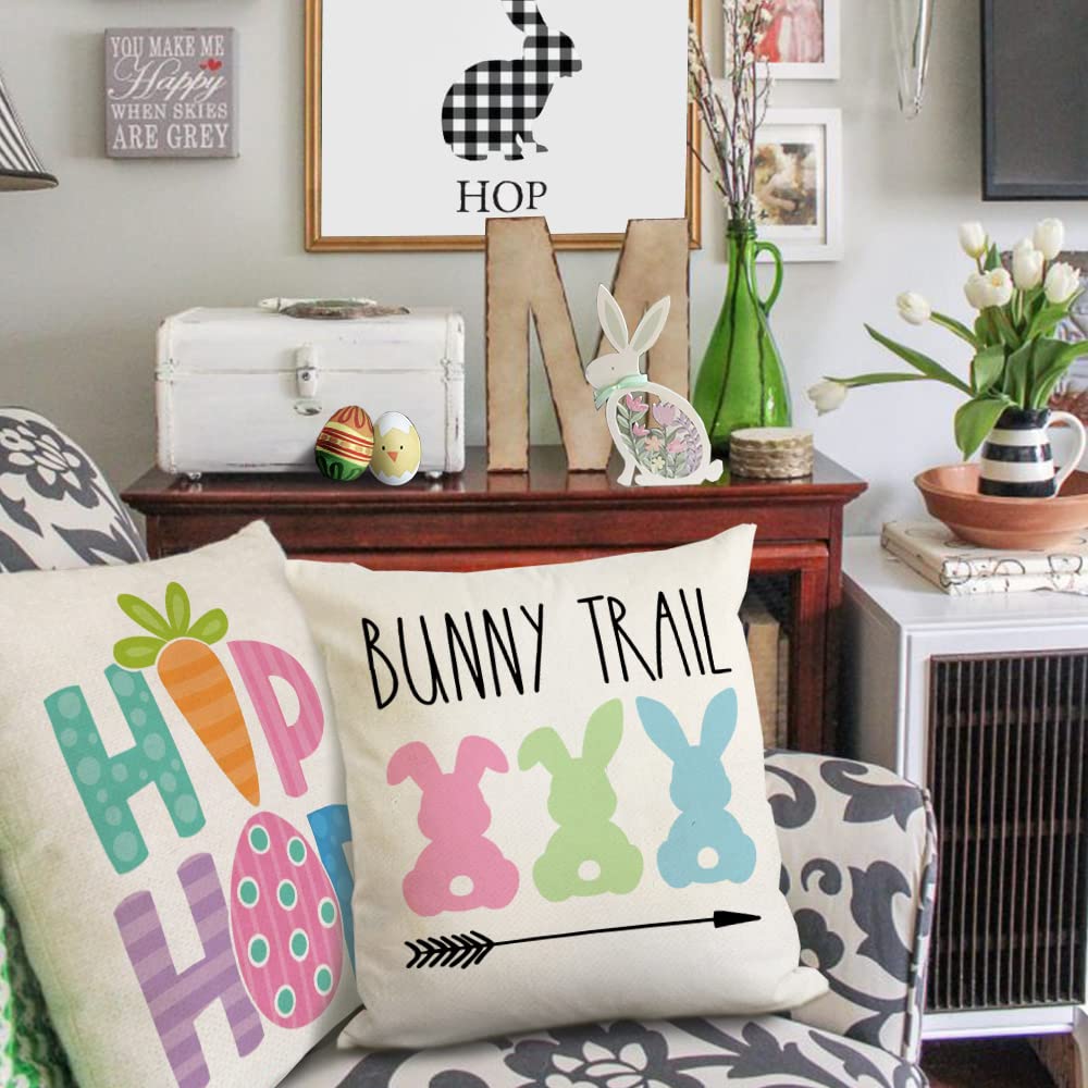 GEEORY Easter Pillow Covers 18x18 Set of 4 Easter Decorations for Home Bunny Truck Hello Peeps Hip Hop Pillows Easter Decorative Throw Pillows Spring Easter Farmhouse Decor