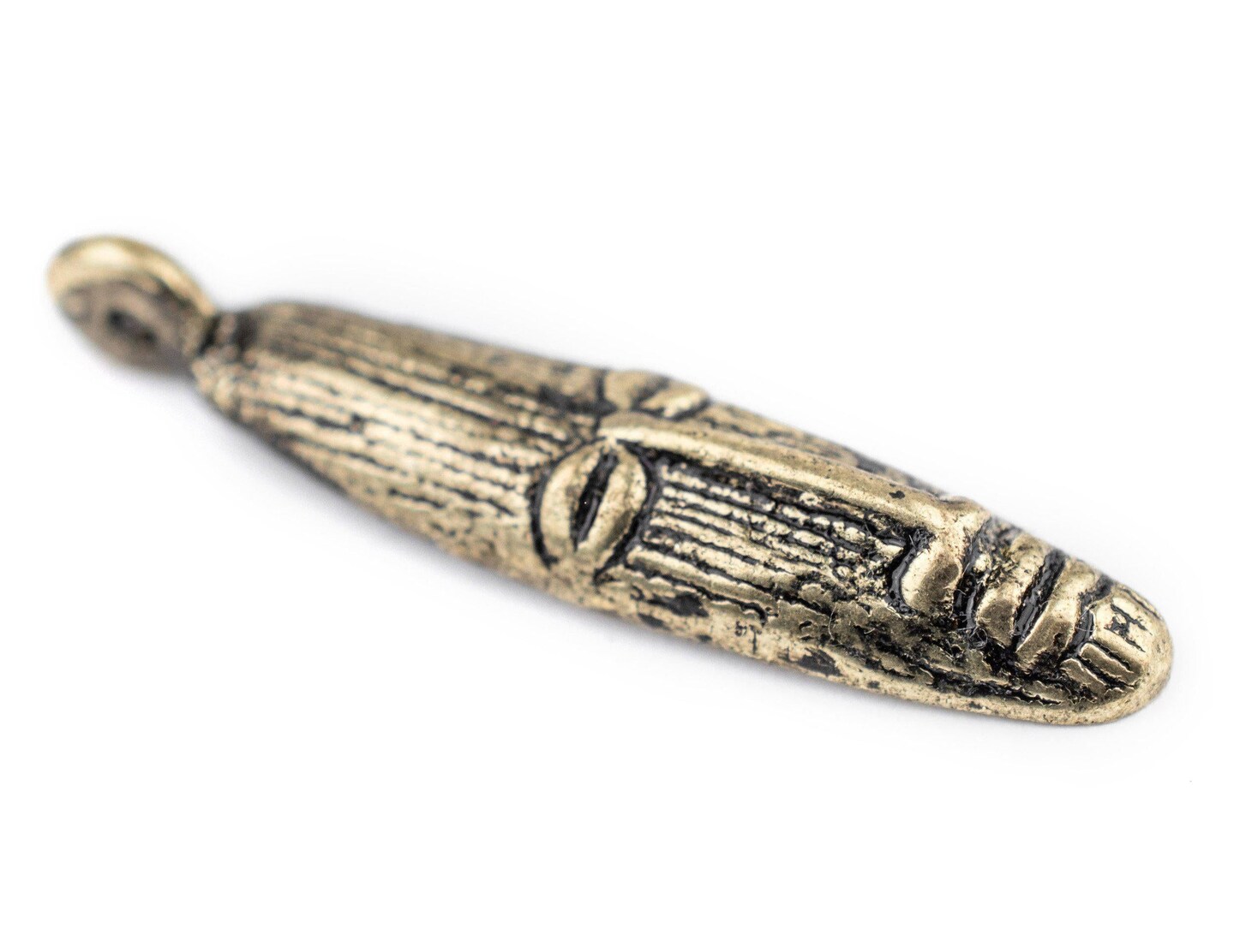 The Bead Chest Elongated Mask Brass Pendant from Africa (47x11mm): Genuine West African Mask Design for DIY Jewelry & Necklaces