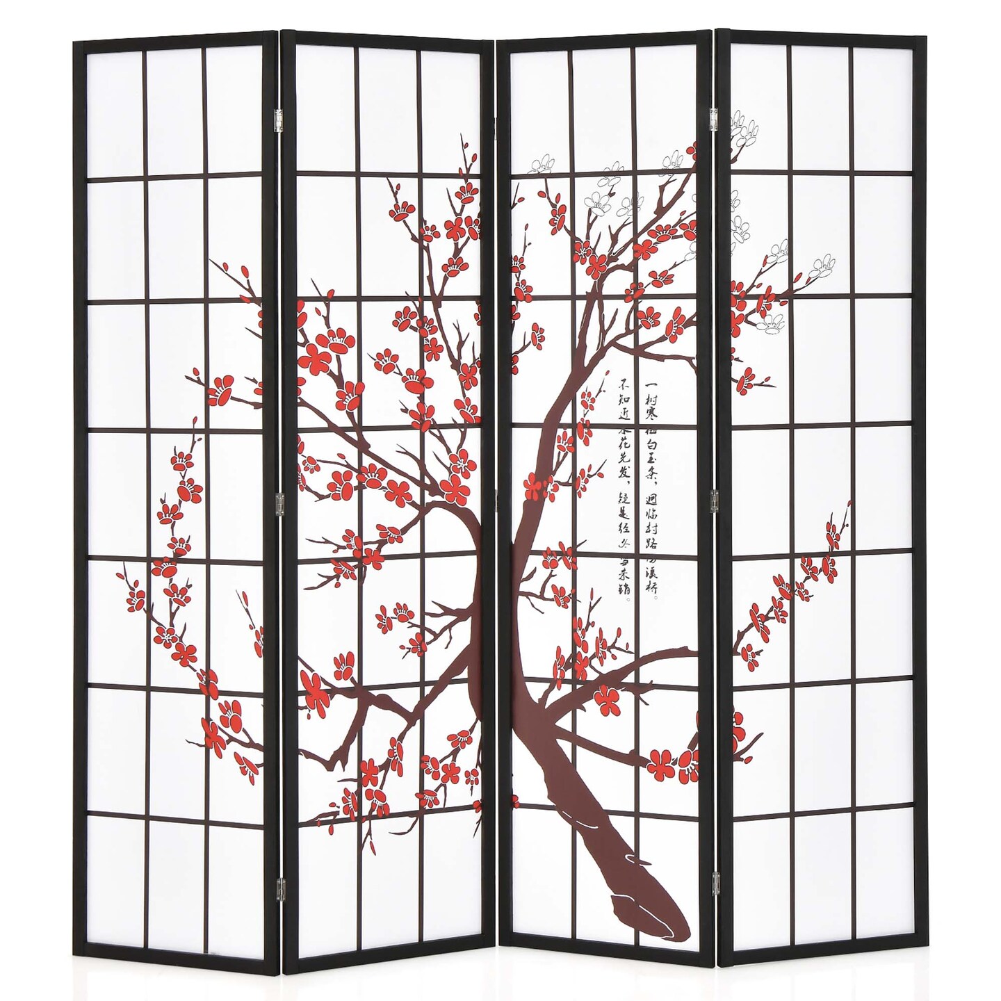 Costway 4-Panel Japanese Style Folding Room Divider with Elegant Plum Blossom Design Indoor