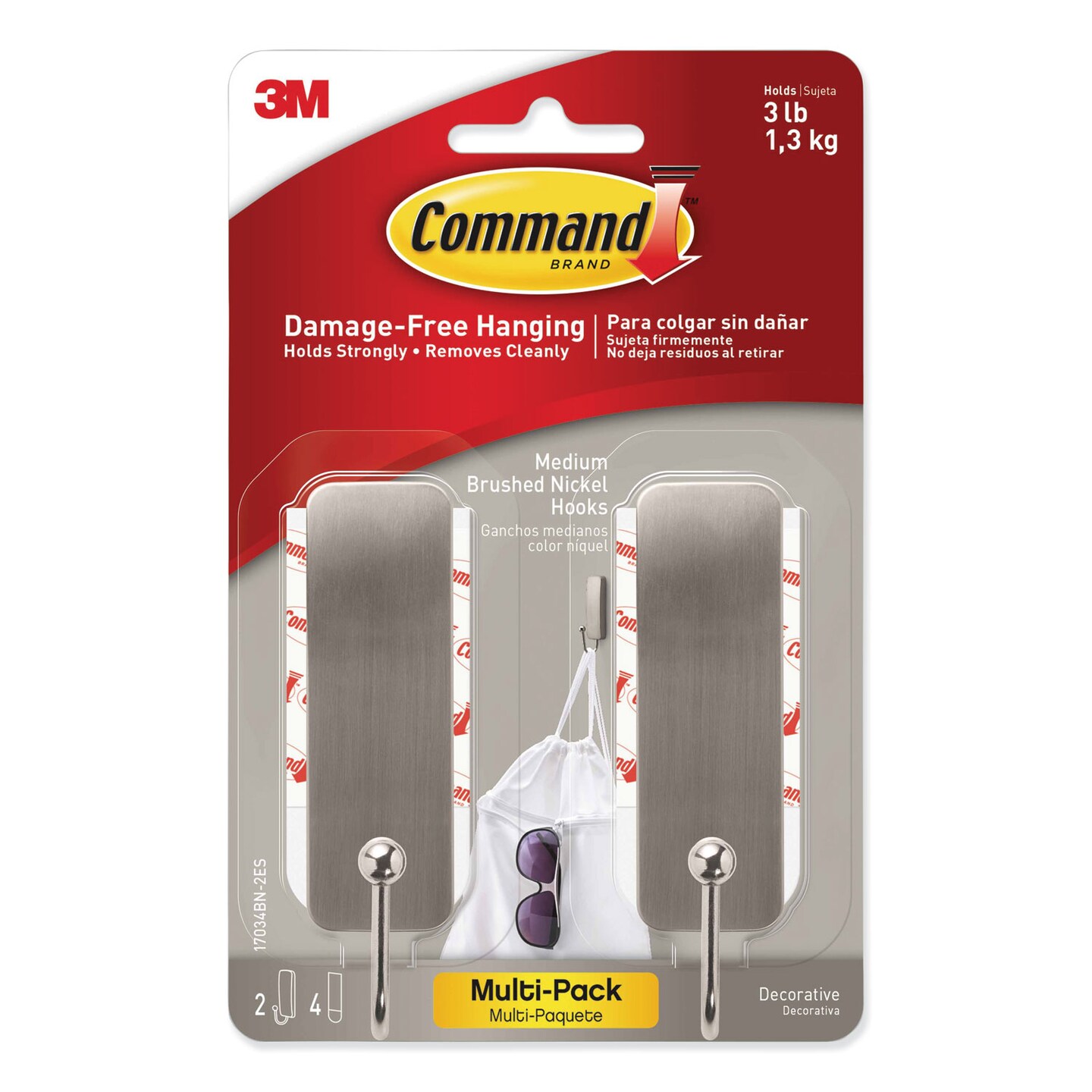 Command Decorative Hooks, Medium, Brushed Nickel, 2 Hook and 4 Strips/Pack