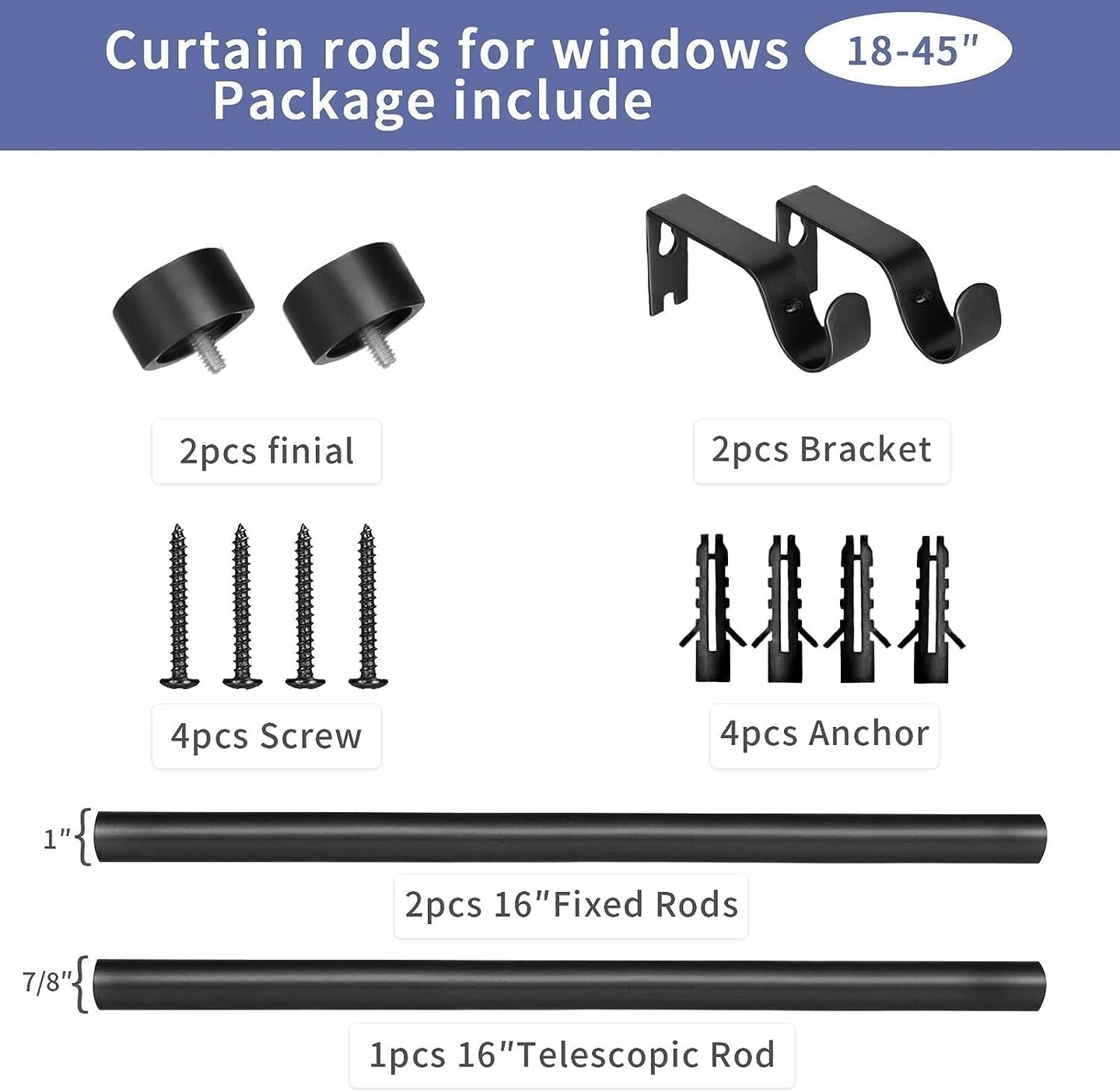 YNL Matte Black Metal Curtain Rod for Windows 18&#x22;-45&#x2019;&#x2019;