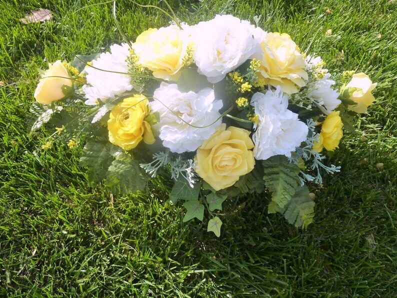 Cemetery flowers in Yellow and White, Yellow Rose Grave site spray