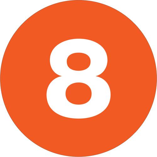Tape Logic Number Labels, "8", 1" Circle, Fluorescent Orange, 500/Roll