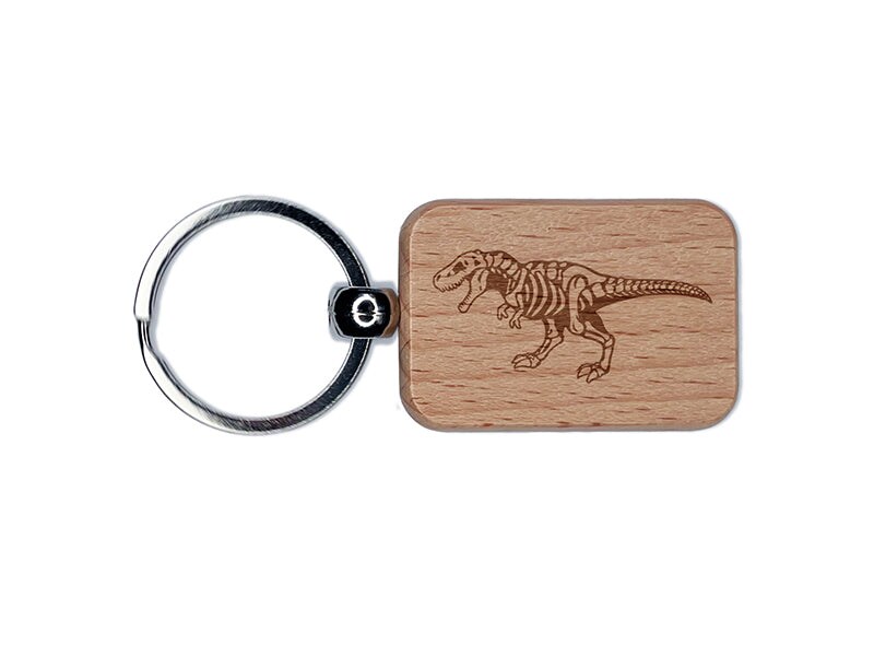 Tyrannosaurus Rex Dinosaur Skeleton Fossil Engraved Wood Rectangle Keychain Tag Charm