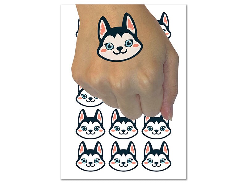 Chibi Husky Dog Head Temporary Tattoo Water Resistant Fake Body Art Set Collection (1 Sheet)