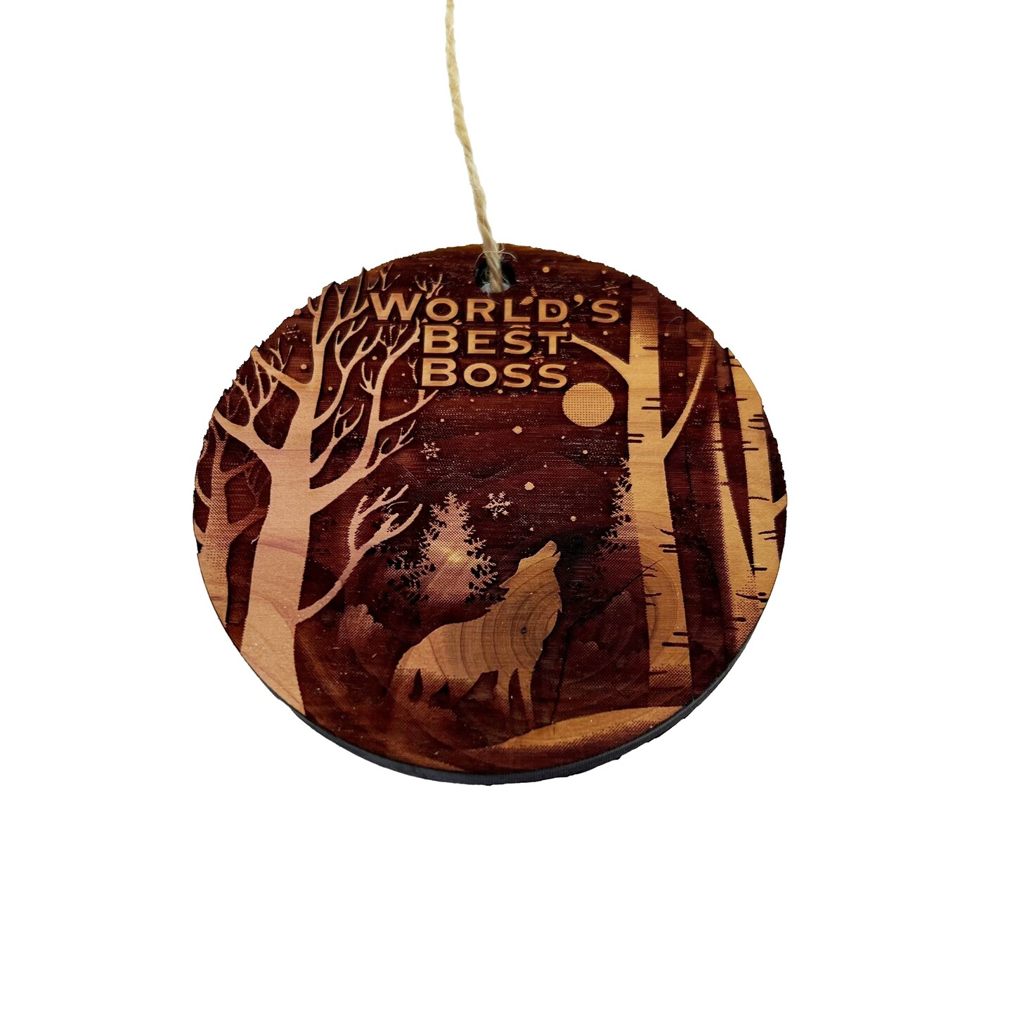 Winter Wolf Worlds Best Boss - cedar ornament Winter Wolf Worlds Best Boss - cedar ornament