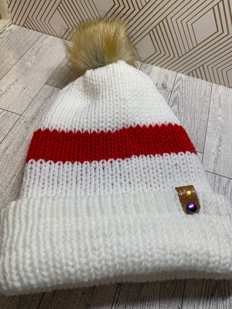 Red and White Beanie Knitted Hat with Pom MakerPlace by Michaels
