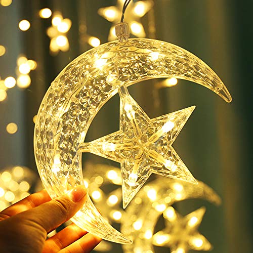Twinkle Star 138 LED Star Moon Curtain String Lights, 8 Modes Decorations for Ramadan, Christmas, Wedding, Party, Home, Patio Lawn, Warm White (USB Powered)