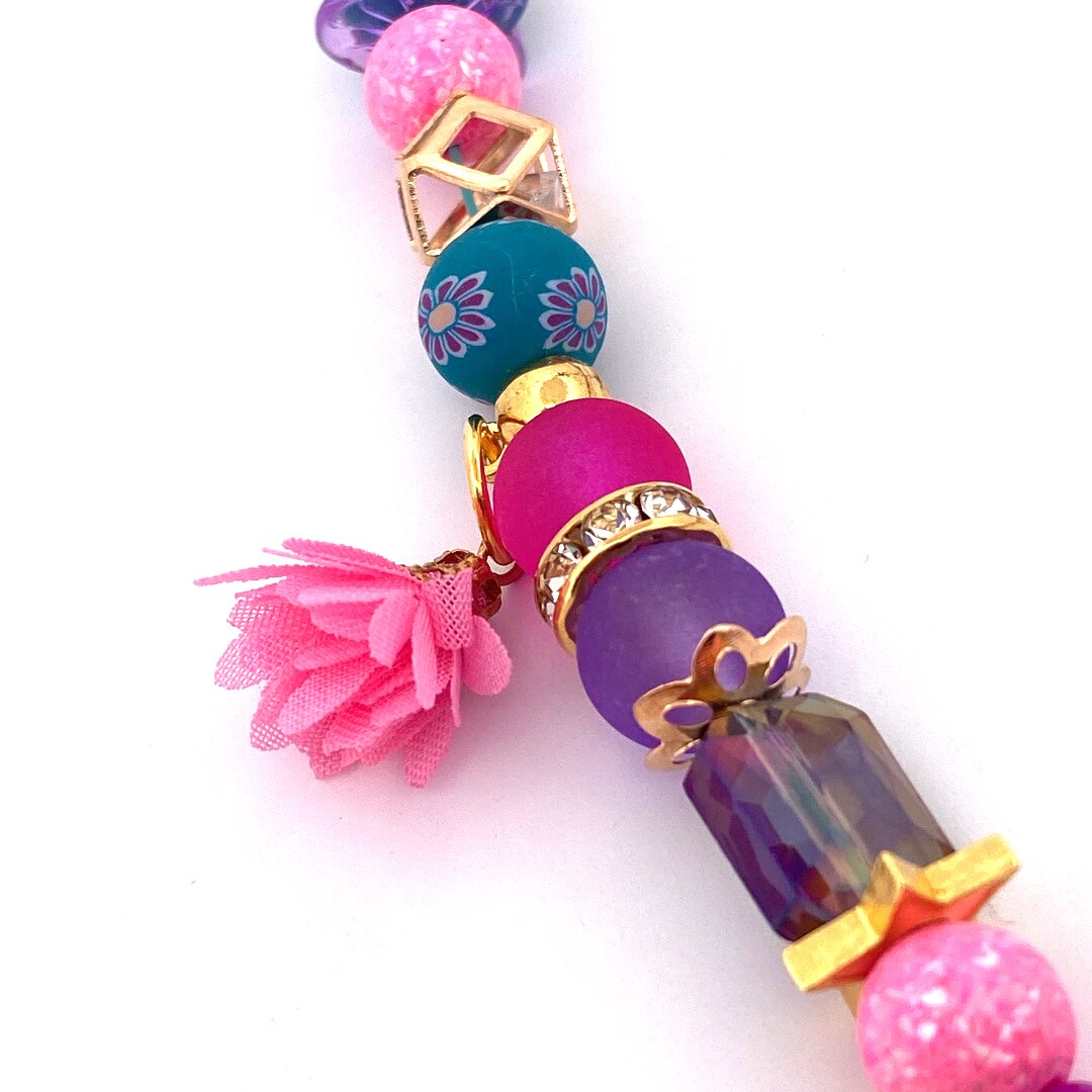 Colorful Spring Beaded Tassel Necklace, Floral Flower Jewelry