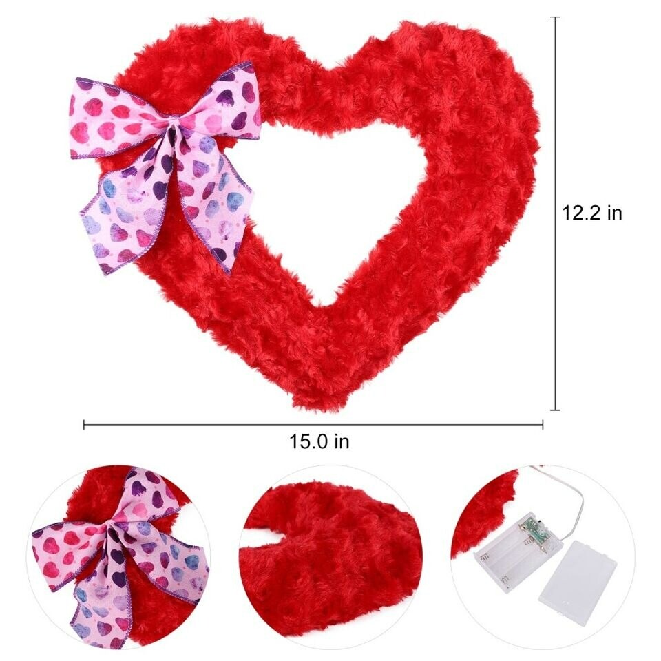 Valentine 15&#x2019;&#x2019; Red Heart Wreath w/ Love Bows LED Lights