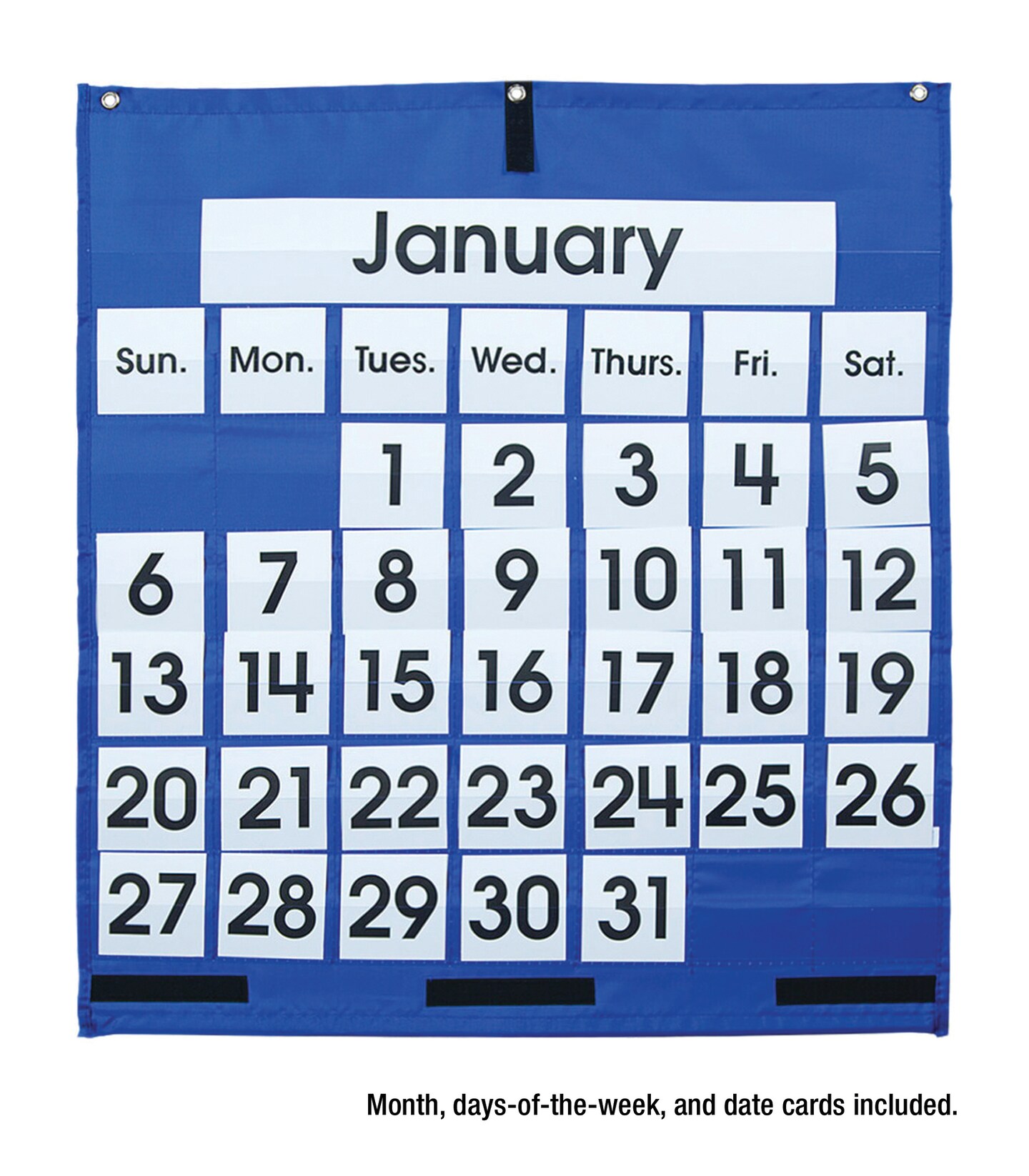 Carson Dellosa – Blue Monthly Calendar Pocket Chart, 43 Clear Pockets with 72 Cards, Classroom Management