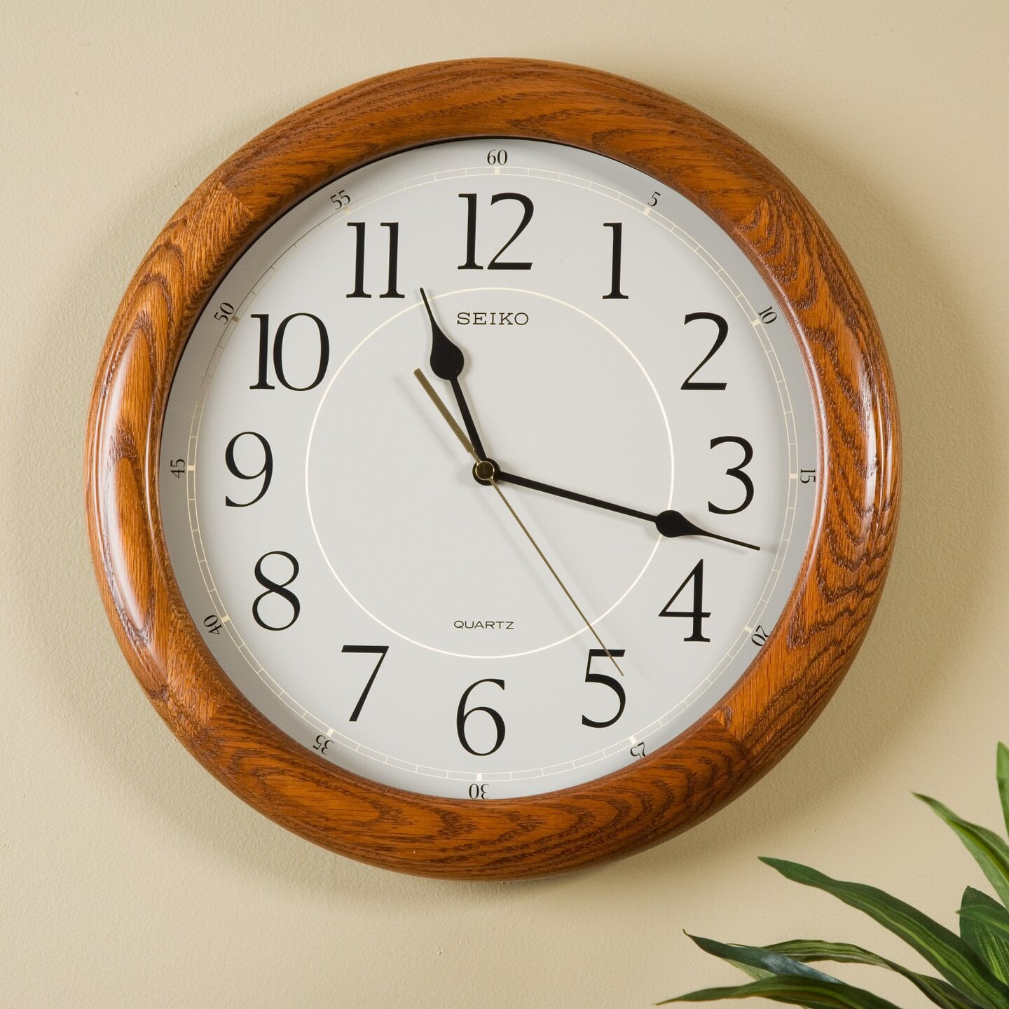 Seiko 13&#x22; Round Brown Oak Quiet Sweep Wall Clock, Analog, Quartz