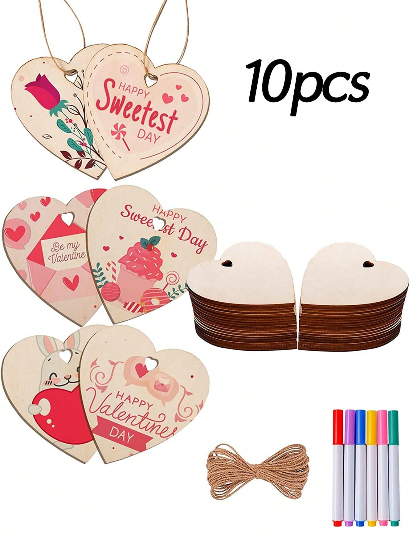 10Pcs Natural Heart Wood Slices - DIY Valentine&#x27;s Day Crafts Bulk | Unfinished Paintable Wooden Hanging Decorations with Ropes and 6 Random Color Pens | Perfect for Wedding, Holiday, and Home Decor