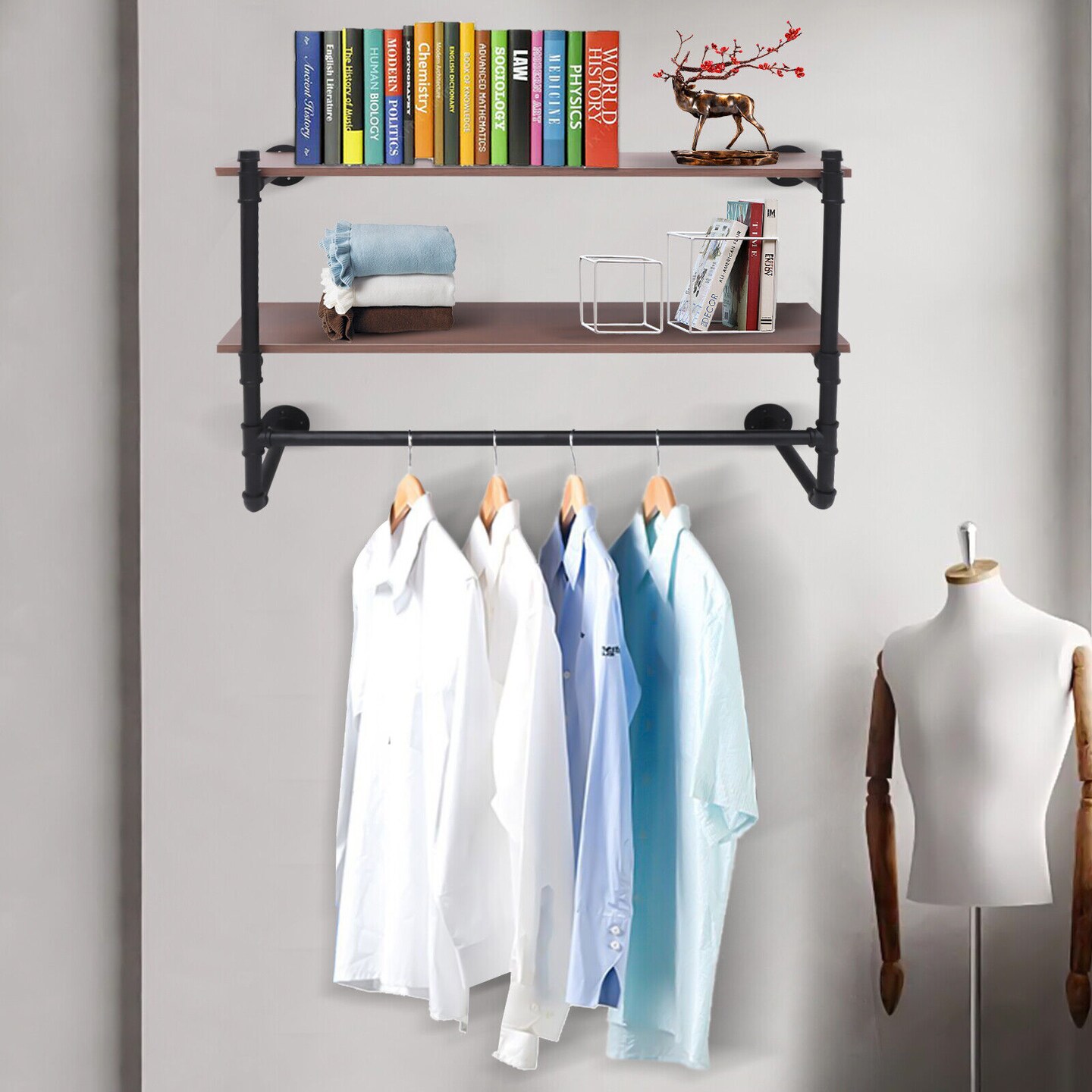 Kitcheniva 2-Tier Industrial Pipe Wood Clothes Storage Shelves