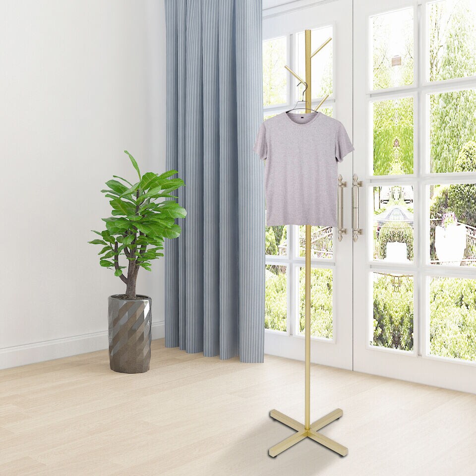 Gold Coat Rack Stand 67” 7 Hooks Tree Entryway Hanger Metal Holder Hat Umbrella Rack