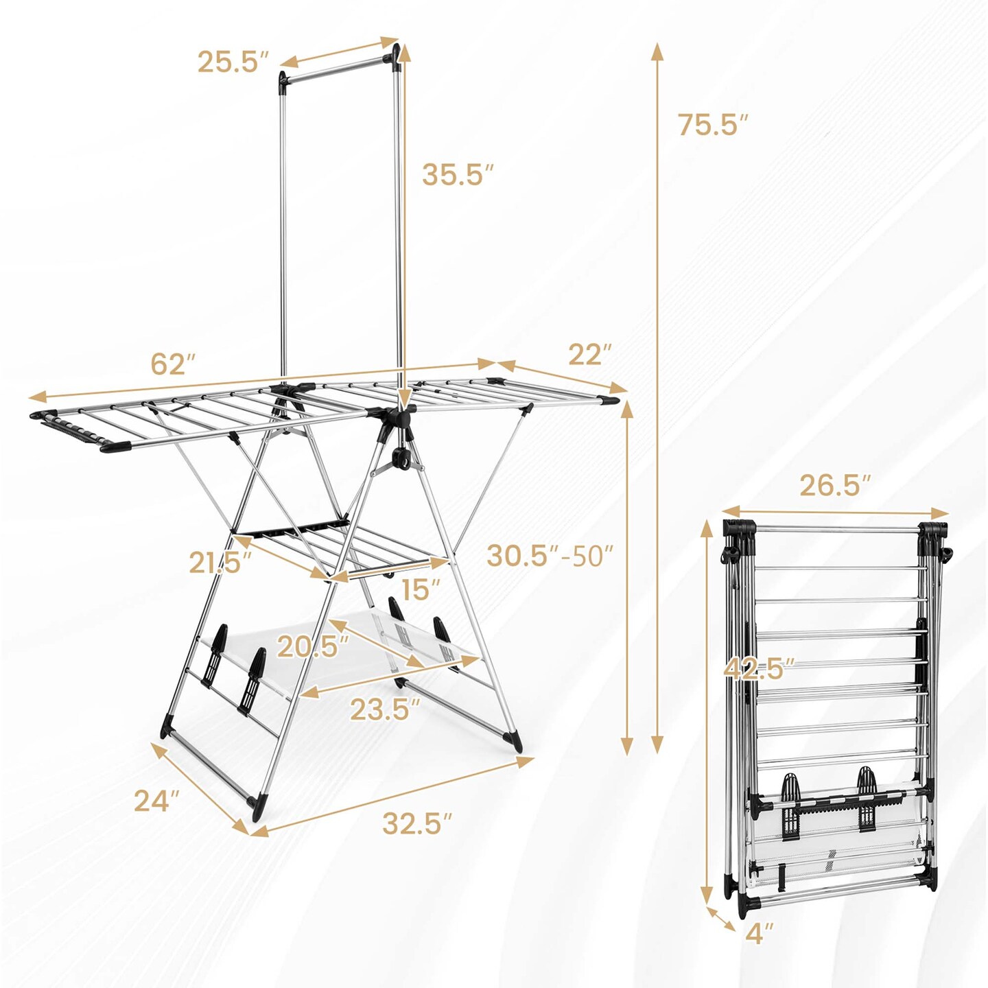 Costway 2-Layer Stainless Steel Foldable Drying Rack w/ Hanging Bar &#x26; 2 Height-adjustable Wings
