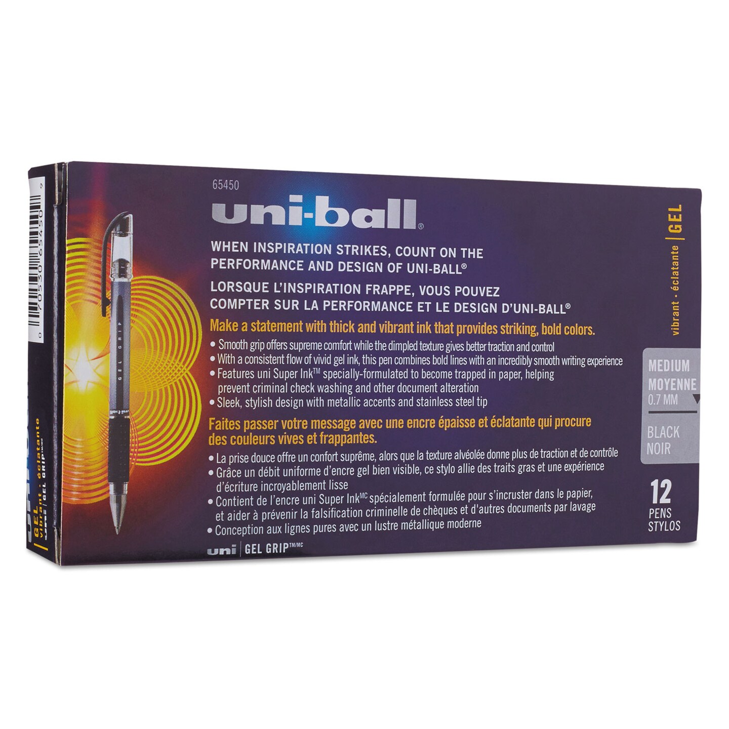 Uni-Ball Signo GRIP Stick Gel Pen, 0.7mm, Black Ink, Silver/Black Barrel, Dozen