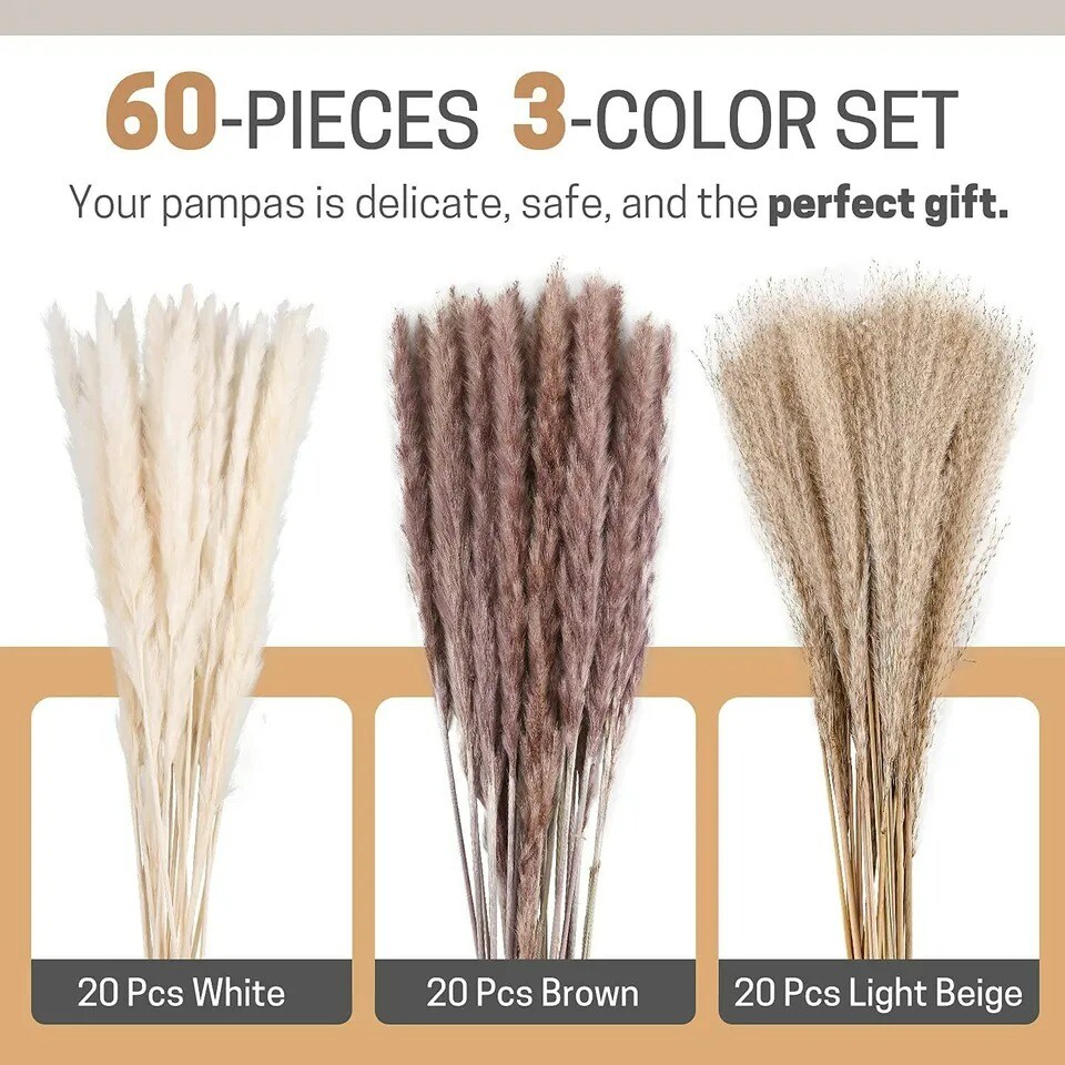 60 PCS Pampas Grass Natural Dried Reed Flower Bunch Home Decor Bouquets