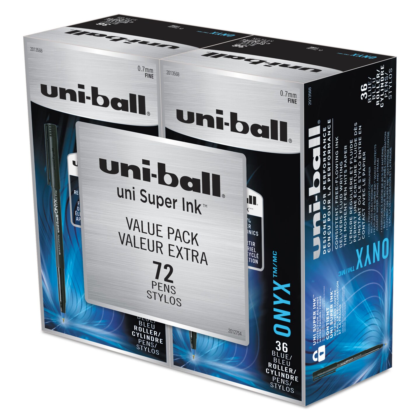 ONYX Roller Ball Pen, Stick, Fine 0.7 mm, Blue Ink, Black/Blue Barrel, 72/Pack