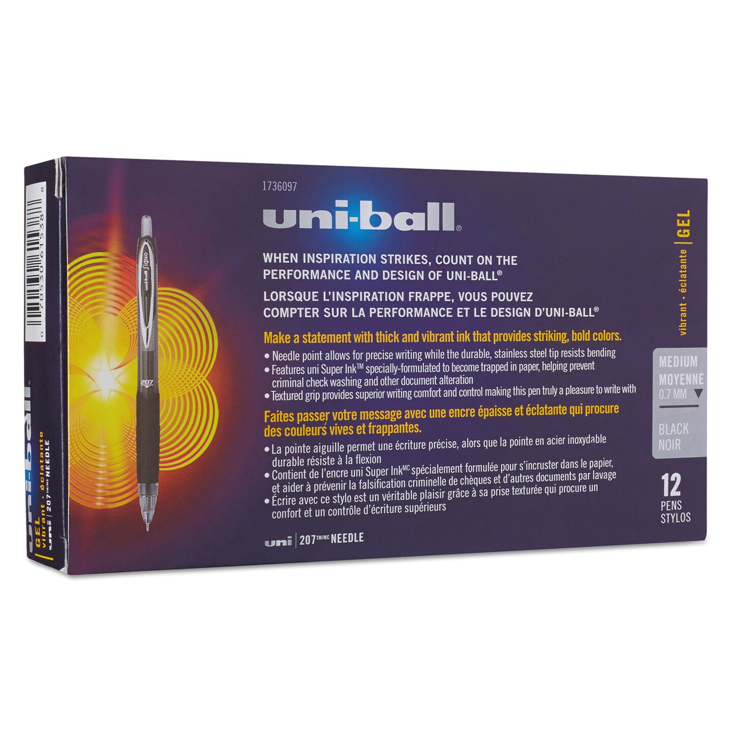 Uni-Ball Signo 207 Needle Point Retractable Gel Pen, 0.7mm, Black Ink/Barrel, Dozen