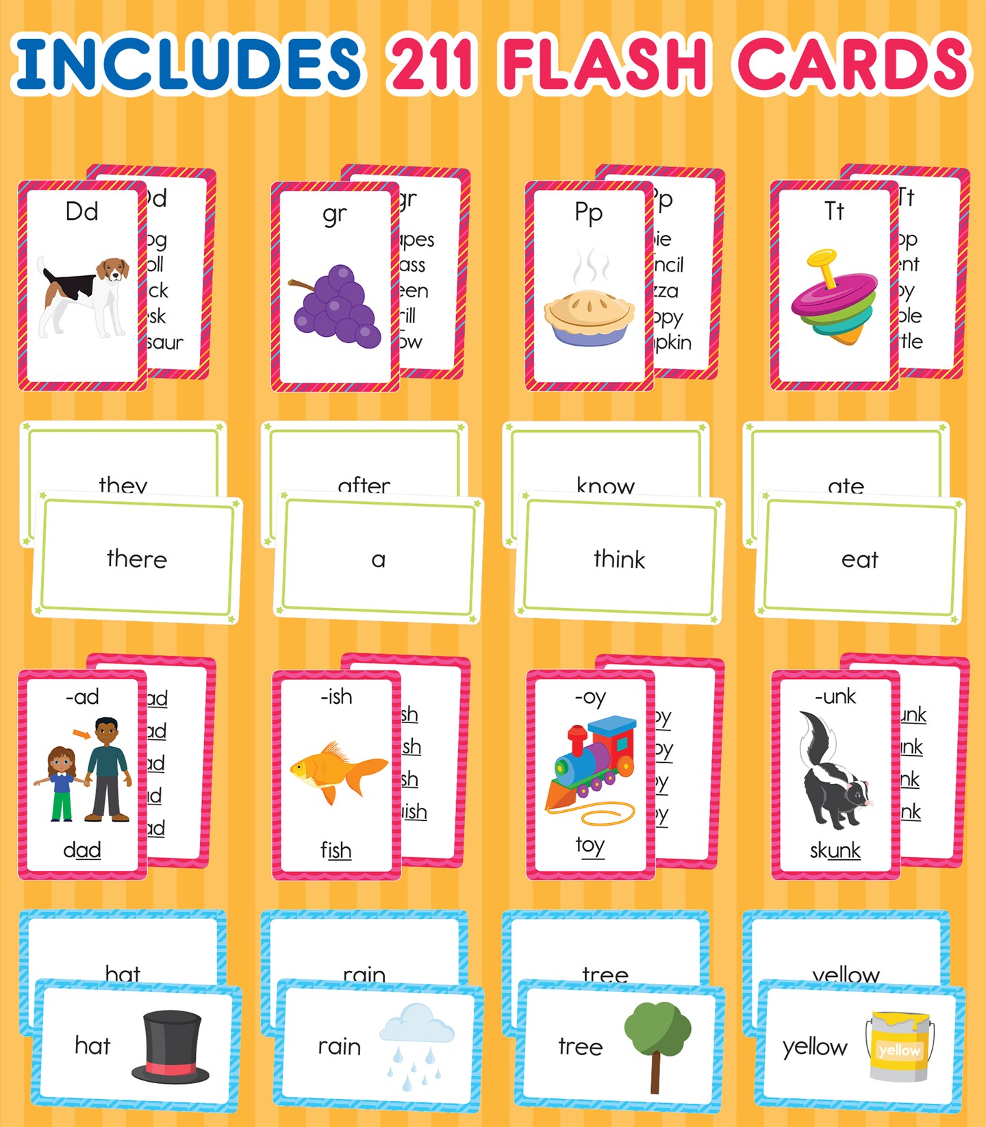 Carson Dellosa 4-Pack Reading Flash Cards for Kids Ages 4-8, Phonics Flash Cards, Sight Words Flash Cards, Word Family, and Picture Words, Kindergarten, 1st Grade, and 2nd Grade