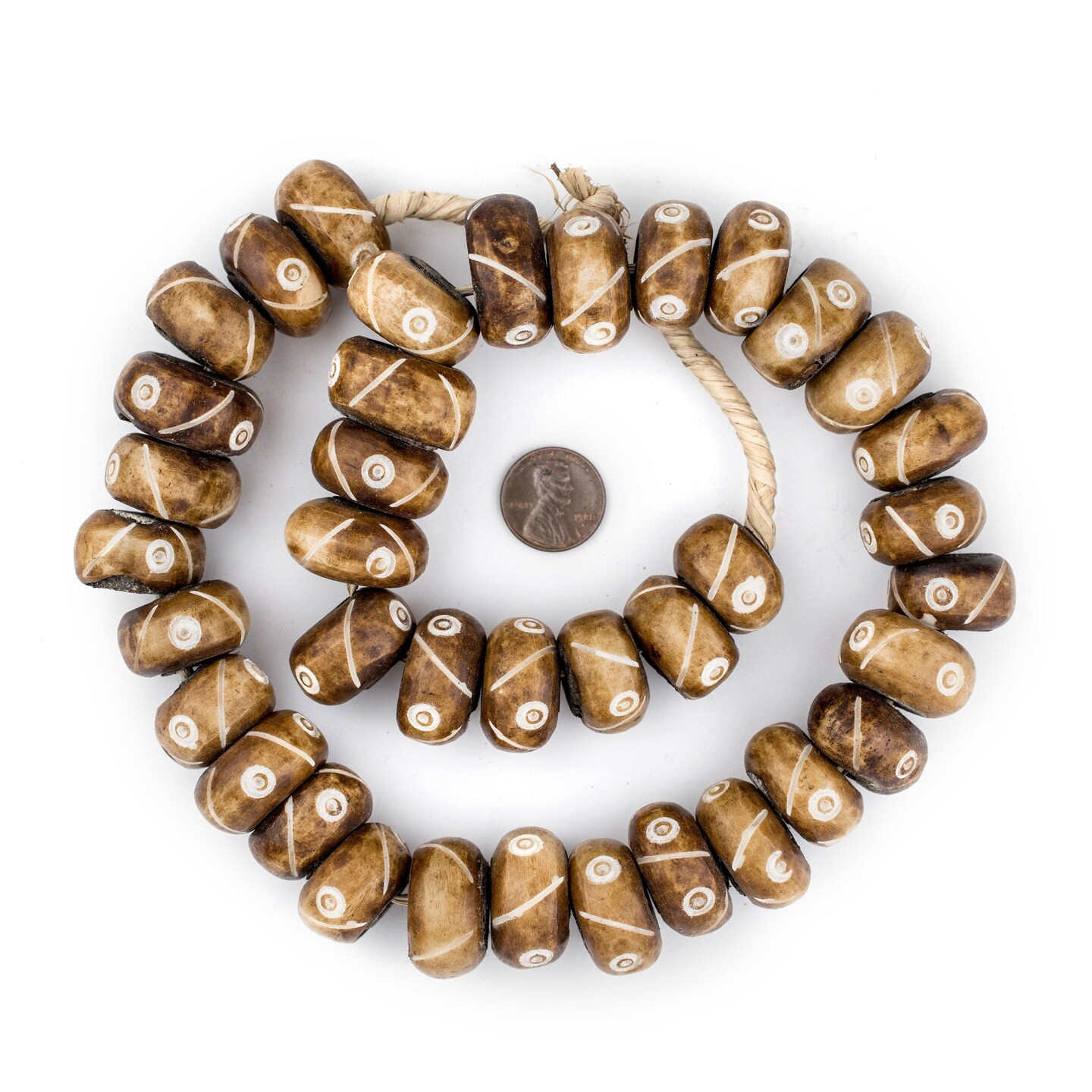 Carved Brown Bone Beads - Full Strand of Fair Trade Artisanal African Beads - The Bead Chest (Criss Cross Eye)
