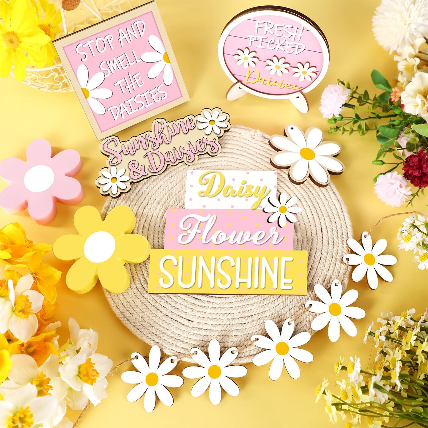 12 Pieces Valentine's Day Tiered Tray Decor Set Valentines Heart Wood Sign Gnome Truck Rustic Farmhouse Tray Signs Table Decor for Romantic Valentine's Day Home Kitchen(Daisy, 12 Pcs)