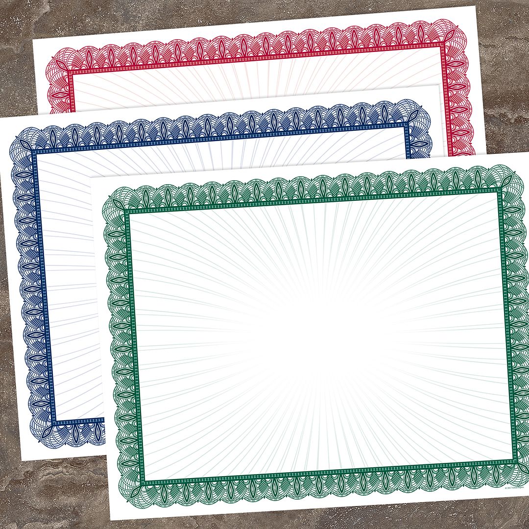 Great Papers! Value Certificate, Blue, Red and Green, 8.5&#x22; x 11&#x22;, Printer Compatible, 30 count