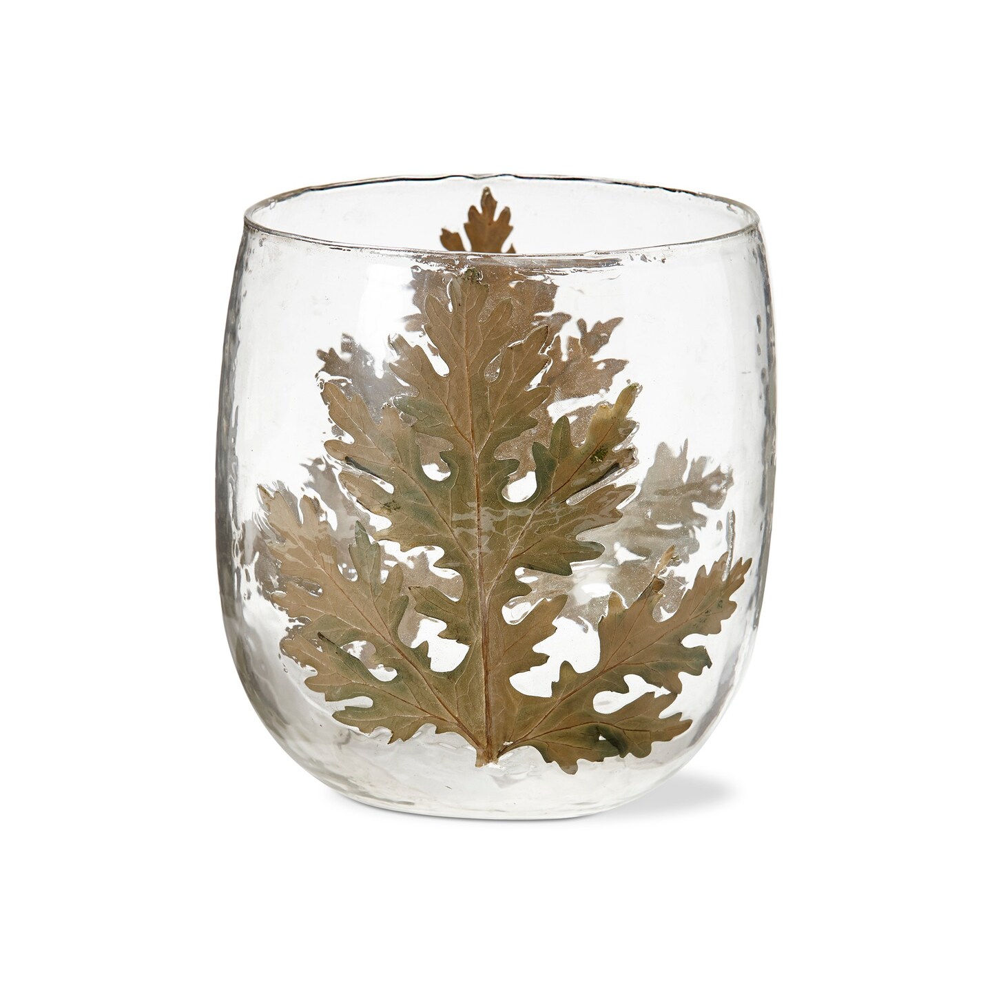 Botanica Clear Glass Pillar Candle Holder with Embedded Large Leaf Hurricane, 5.9L x 5.9W x 6.3H