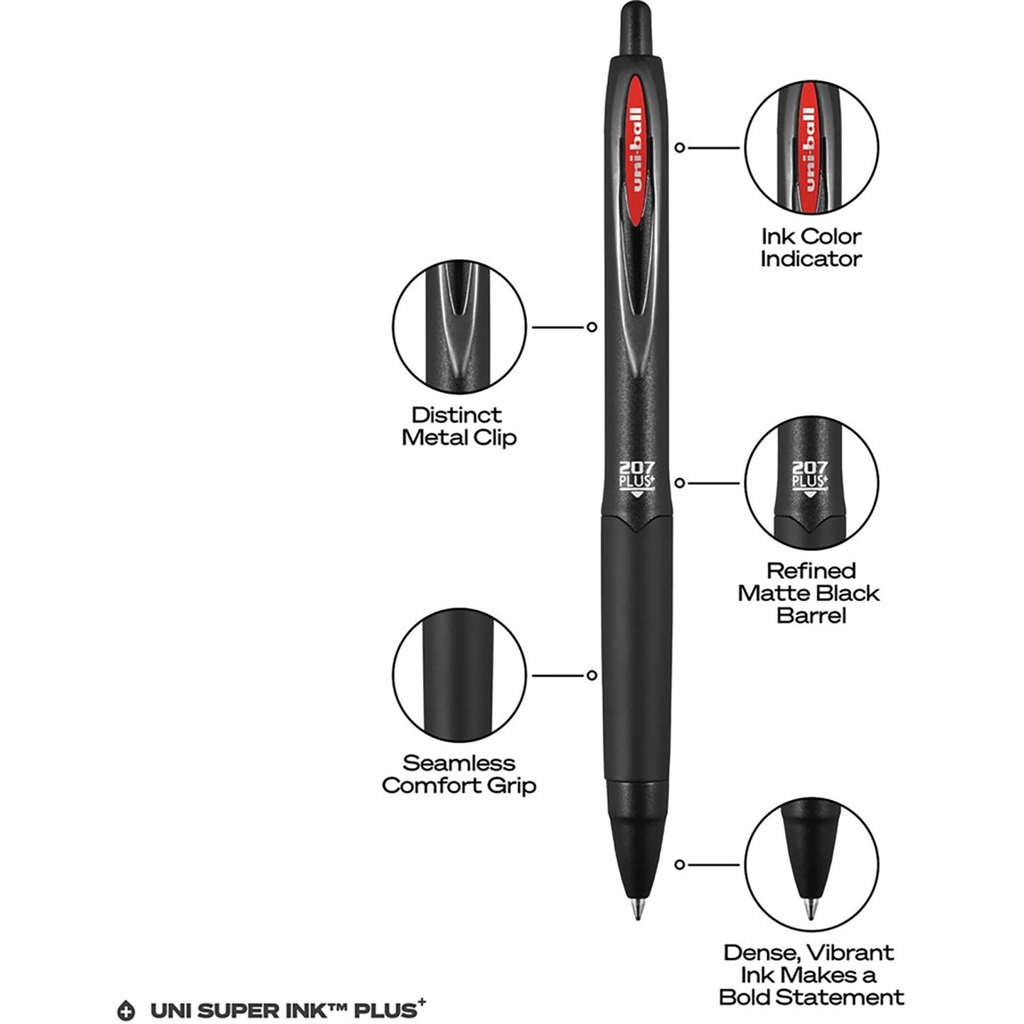 Uni-Ball 207 Plus+ Gel Pen - Medium Pen Point - 0.7 mm Pen Point Size - Retractable - Red Gel-based, Nanofiber Ink Ink - Black Metal Barrel - 12 / Dozen