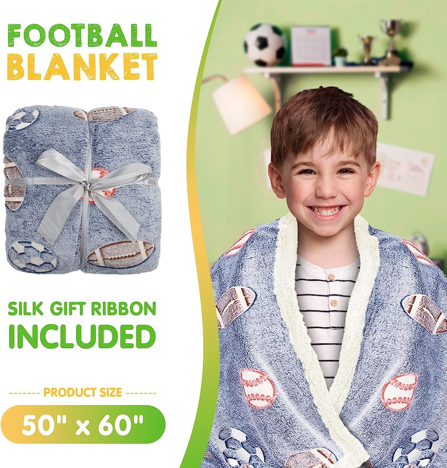 Glow in the Dark Football Blanket for Boys: 50 x 60 Inch Blue Glow in the Dark Throw Blanket with 6 Hours Bright Glow