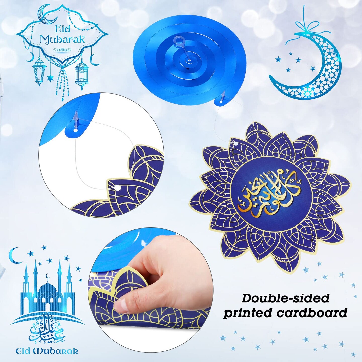 30 PCS Ramadan Mubarak Decorations, Eid Mubarak Hanging Swirl Shining Gold Star Moon Lantern Ceiling Foil Decor for Eid Al-fitr Party Egyptian Holiday Decorations Supplies (Blue and Gold)