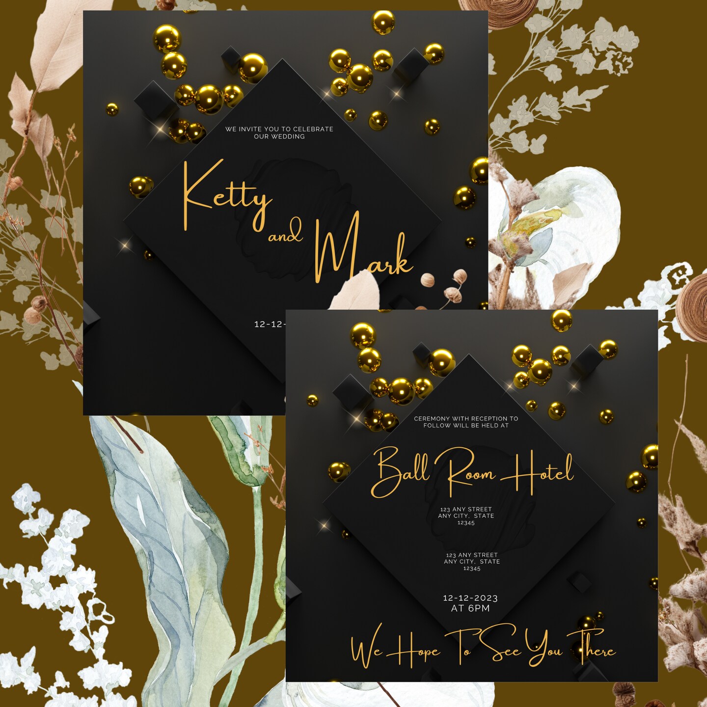 Gold Accented Wedding Invitation, Two Sided and Personalized,  Printable Invitation, Digital Download