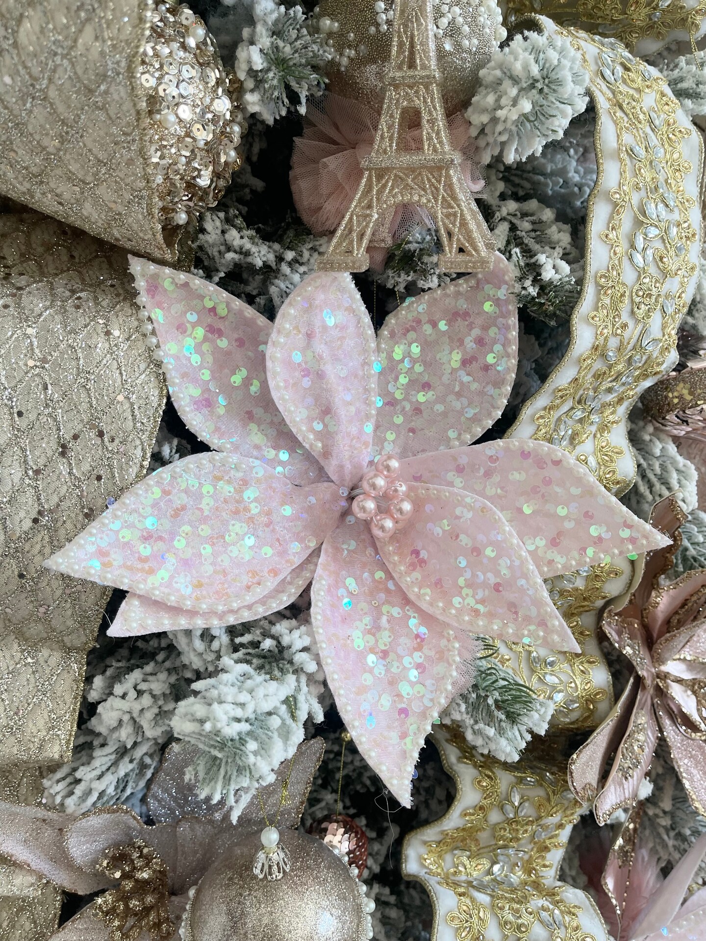 Baby Pink Multicolored Poinsettia Flower with Sequins and Pearls Set of 3 Christmas Flower