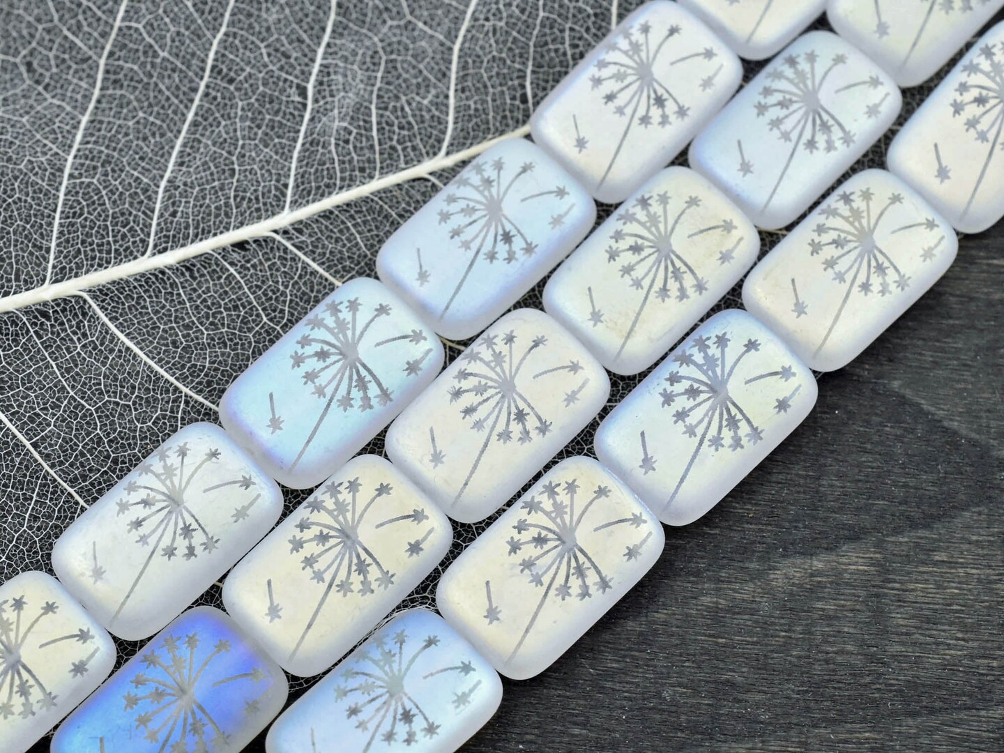*6* 19x12mm Matte White Crystal Irridescent Dandelion Laser Tattoo Rectangle Beads
