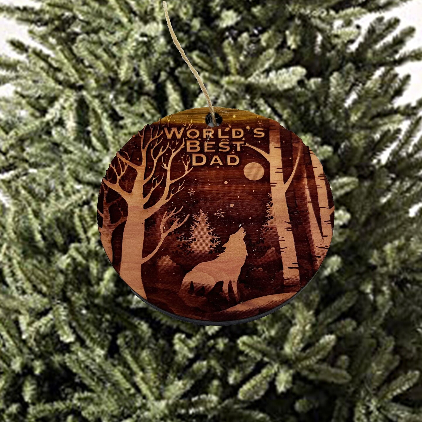 Winter Wolf Worlds Best Dad - cedar ornament Winter Wolf Worlds Best Dad - cedar ornament