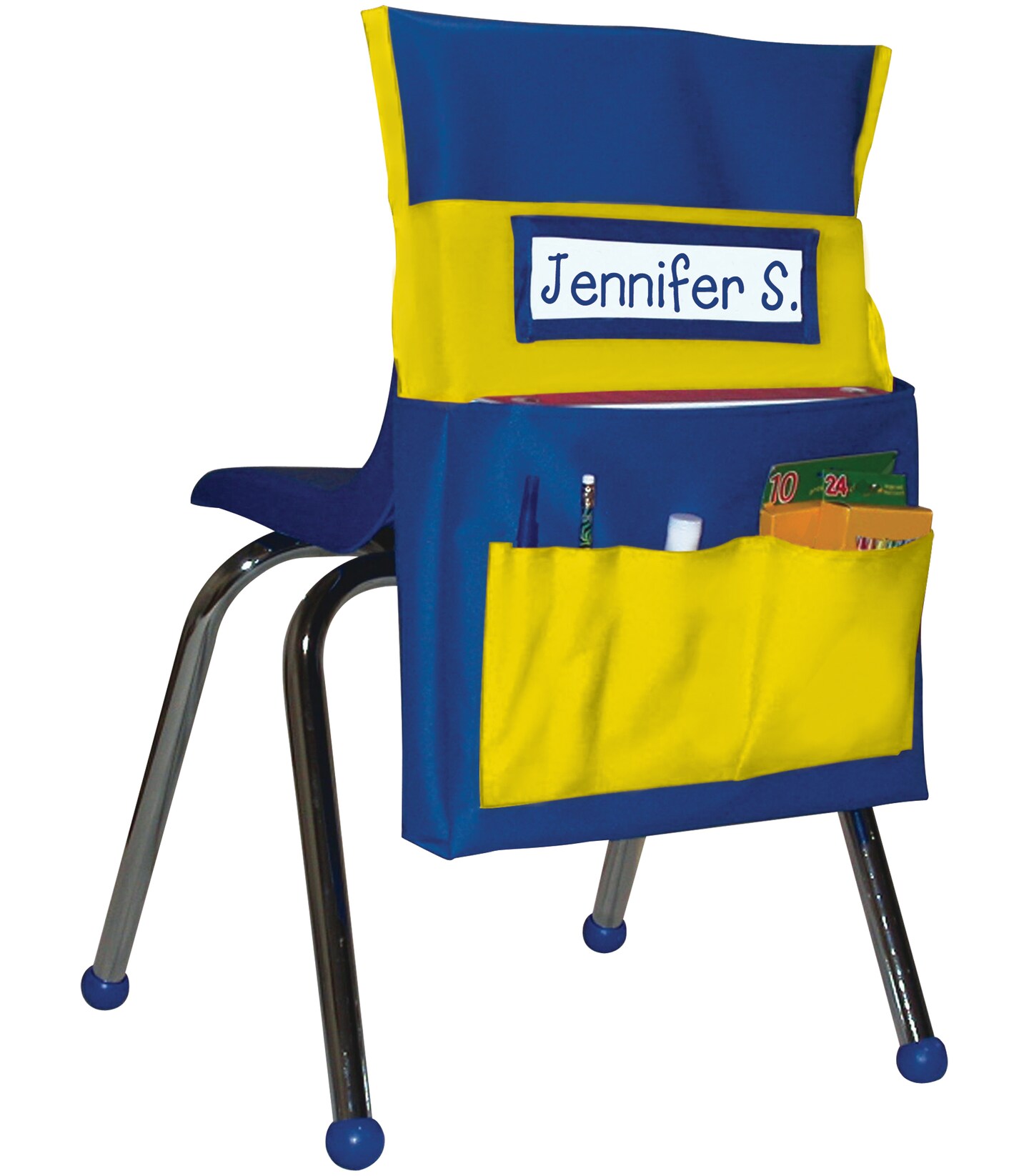 Carson Dellosa Education 15"W x 19"H Blue and Yellow Chairback Buddy, Desk Chair Back Pocket Organizer for School Supplies with Name Tag, Classroom Organization and Storage
