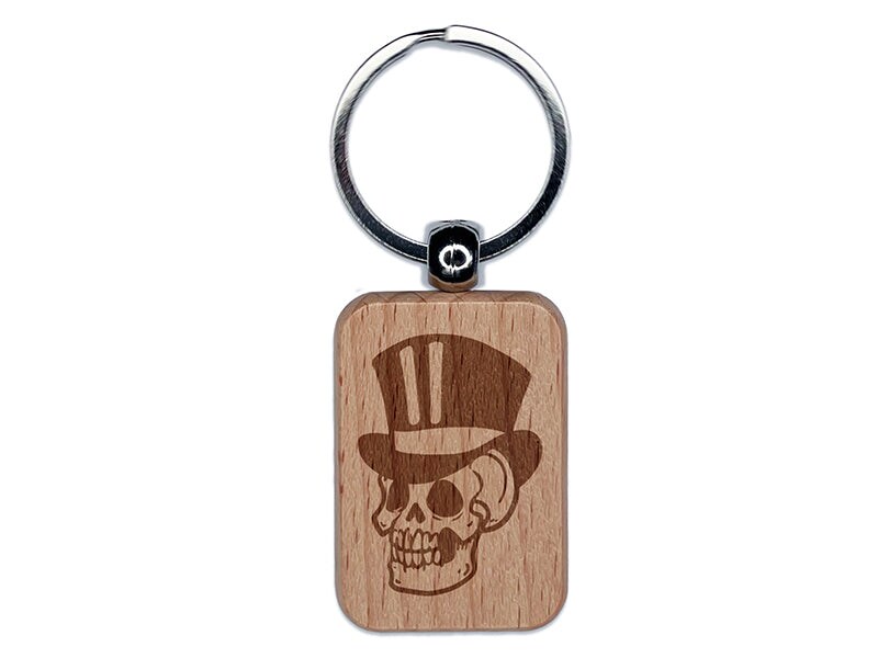 Fancy Skull with Top Hat Engraved Wood Rectangle Keychain Tag Charm