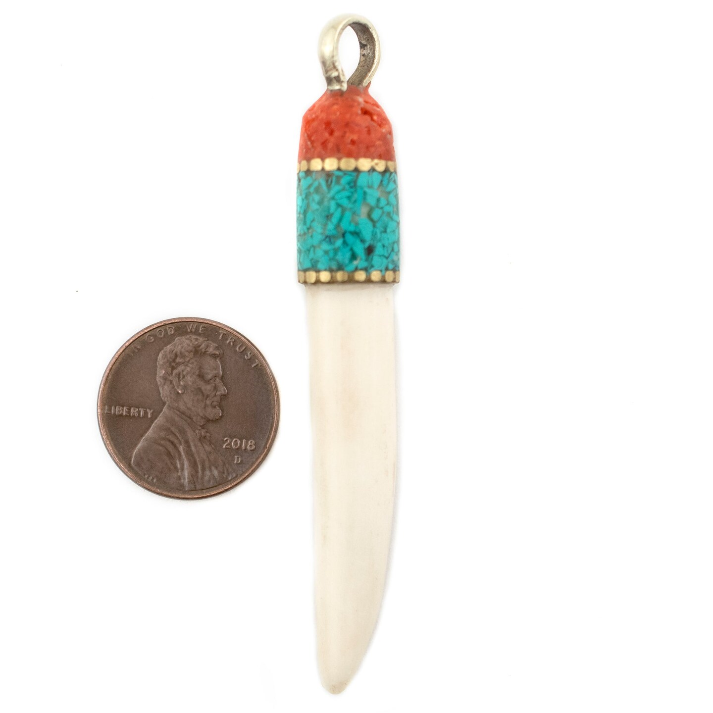 TheBeadChest Turquoise &#x26; Coral Inlaid Bone Tooth Pendant Nepal Multicolor Large Hole