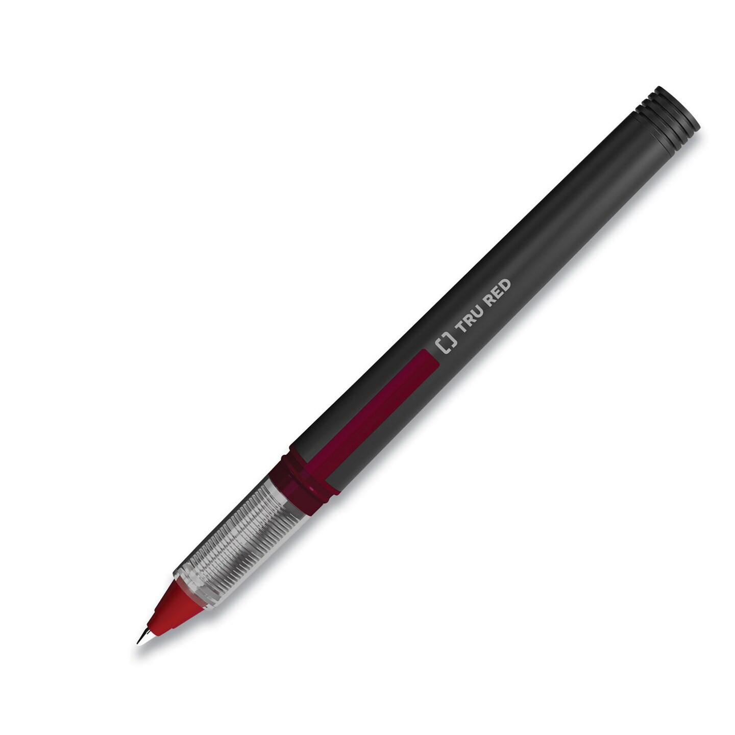 TRU RED Roller Ball Pen, Stick, Fine 0.5 mm, Red Ink, Black Barrel, Dozen