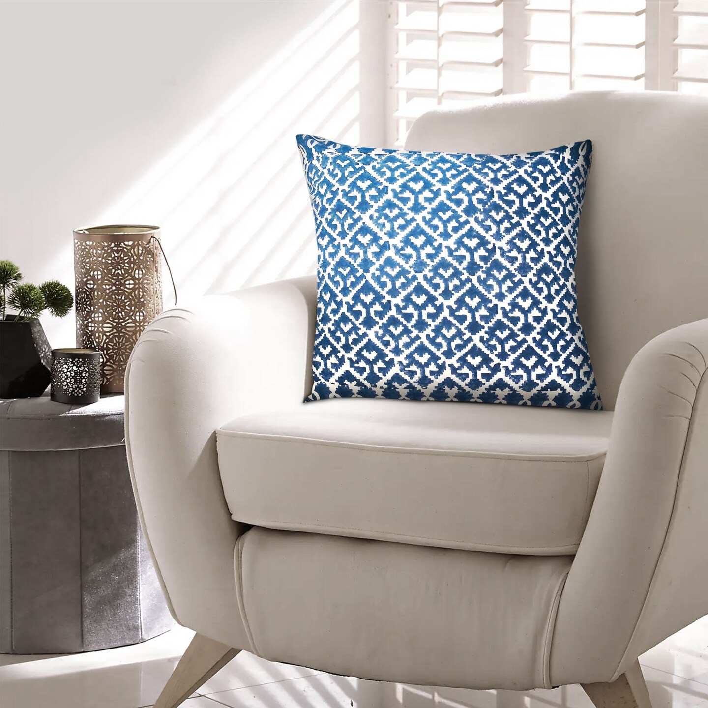 18 x 18 Square Accent Pillow, Printed Trellis Pattern, Soft Cotton Cover With Filler, Blue, White