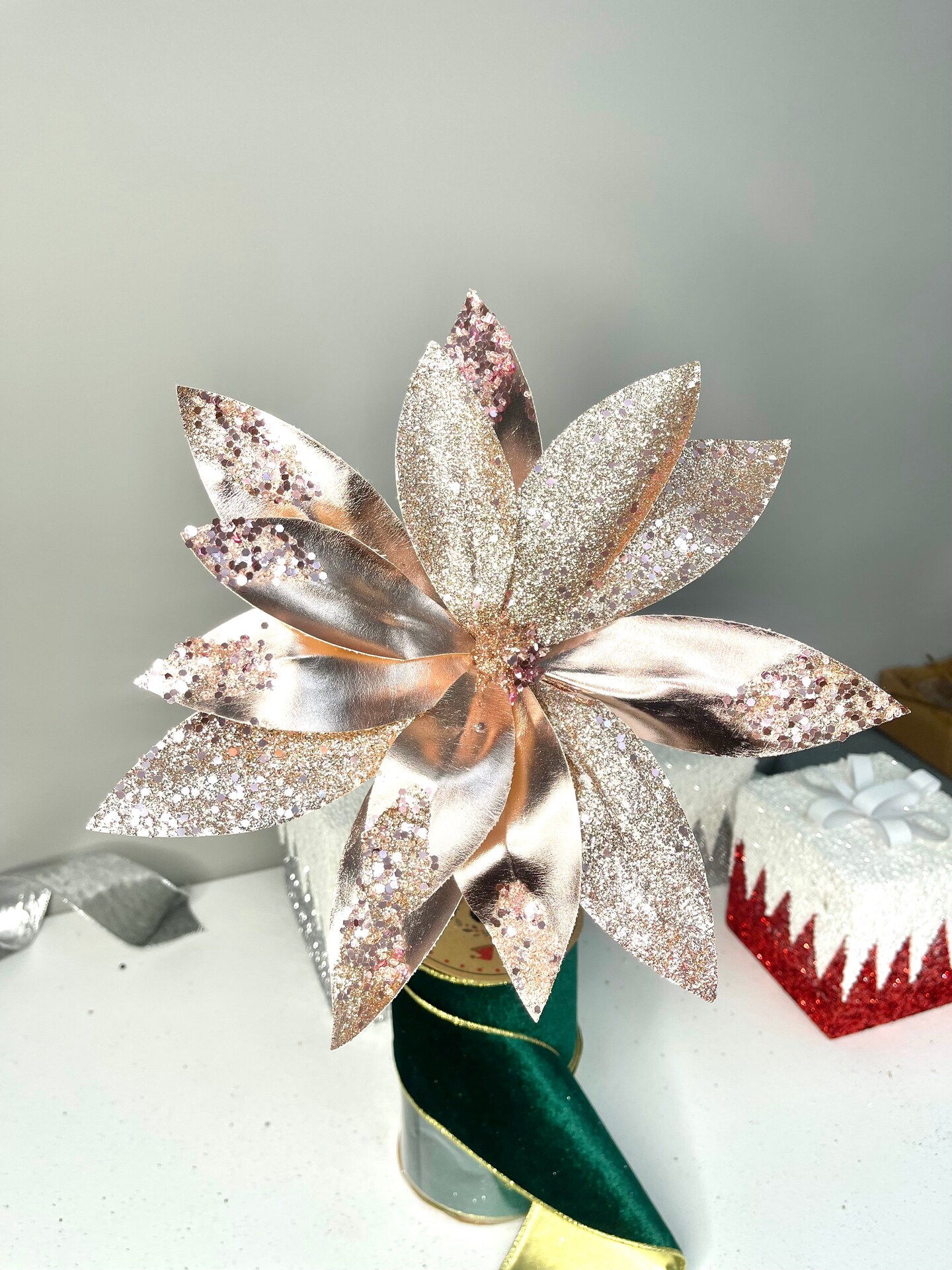 Rose Gold Metallic Poinsettia Flower Stem beaded with Sequins Set of 3