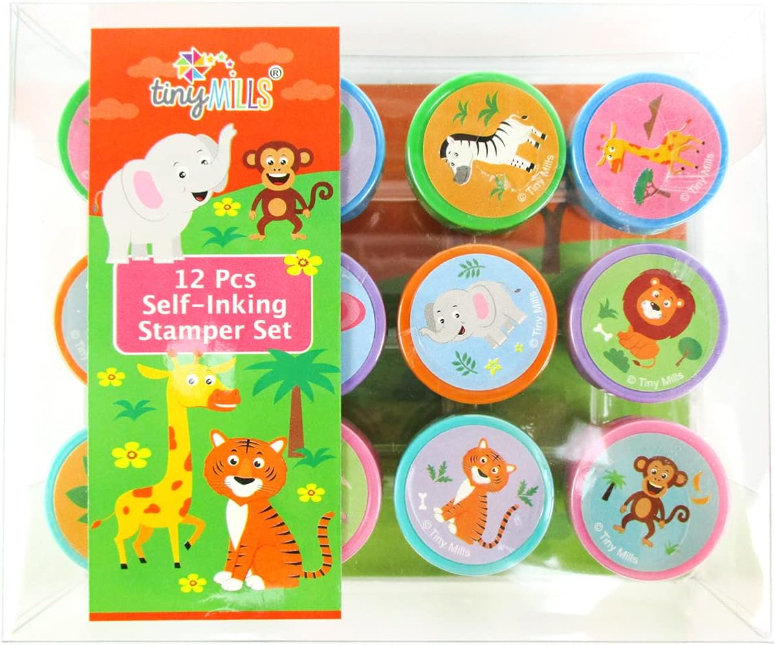 TINYMILLS 12 Pcs Safari Jungle Animals Stamp Kit for Kids Self Inking Stamps