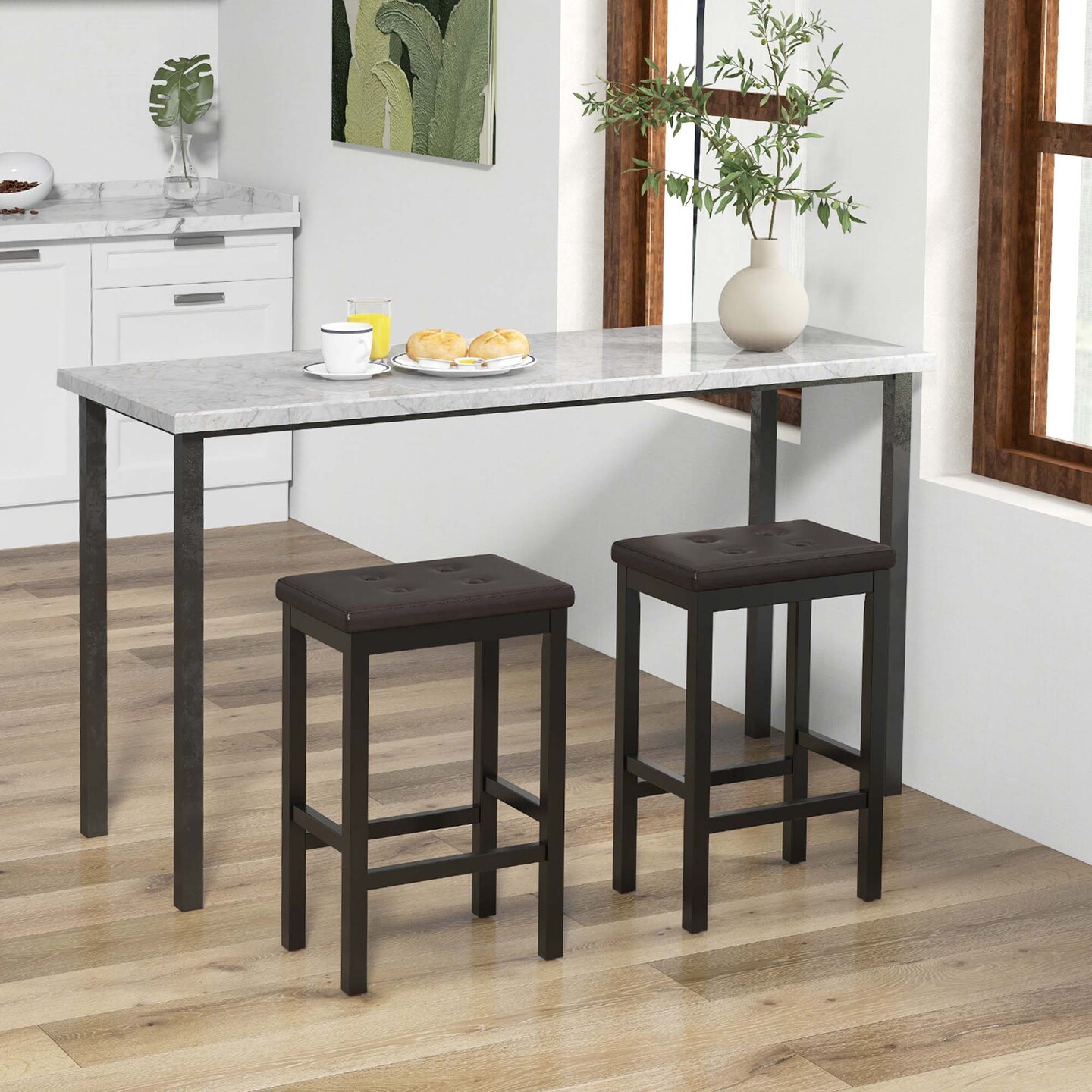 Costway Set of 2 Rubber Wood Bar Stools 24&#x22; Counter Height Stool with Padded Seat, Footrest Brown &#x26; Black/Gray &#x26; White