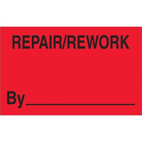 Tape Logic Labels, "Repair/Rework By", 1 1/4" x 2", Fluorescent Red